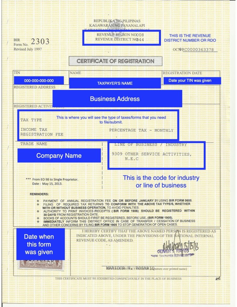 certificate of registration bir form 2303 explained