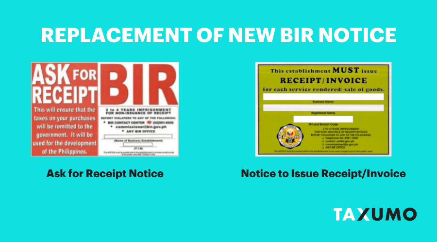 BIR Ask for Receipt Notice changed to Notice to Issue Receipt/Invoice
