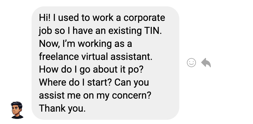 message from Filipino freelancer asking about BIR taxes